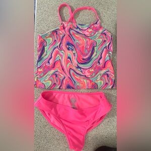 Girls Tankini Pink Blue Print Swimsuit Bathing Suit 10/12 Plus